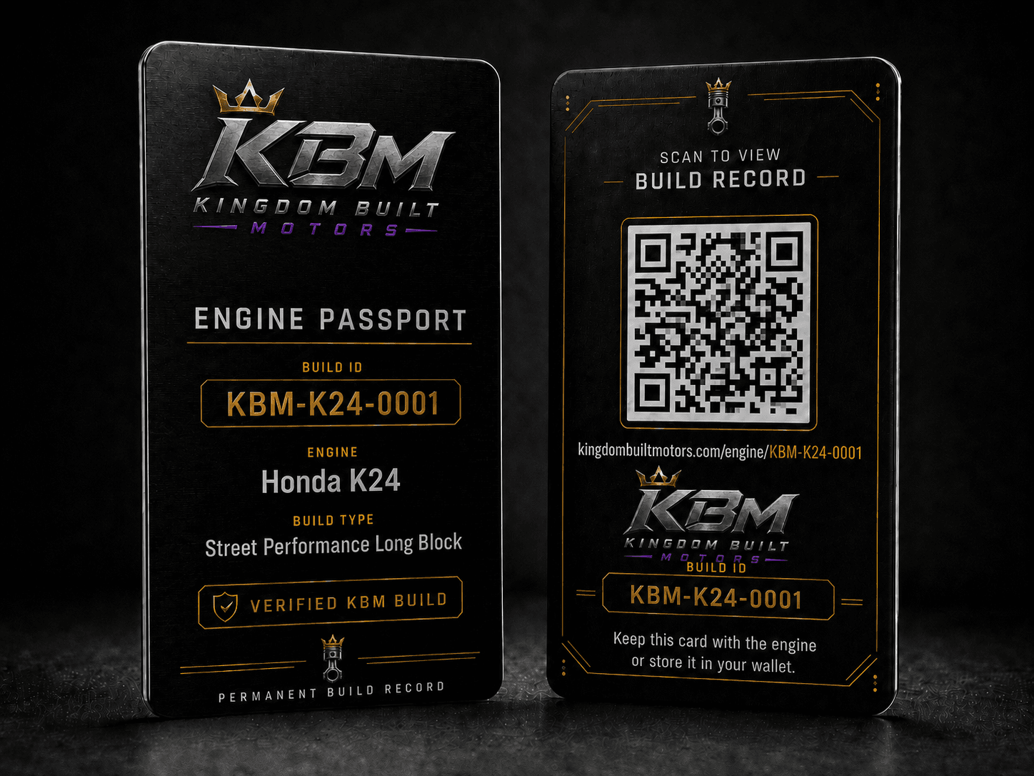 Final Kingdom Built Motors Engine Passport wallet card for Build ID KBM-K24-0001, shown front and back
